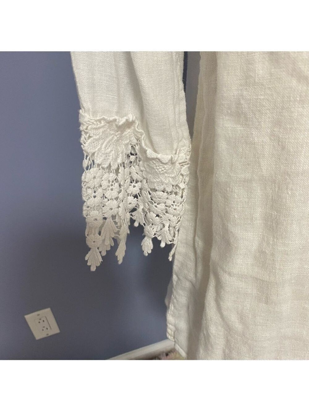Christine Alexander Linen Boho Crochet Ruffle Bib Blouse Cream Women’s Top med - Picture 8 of 11